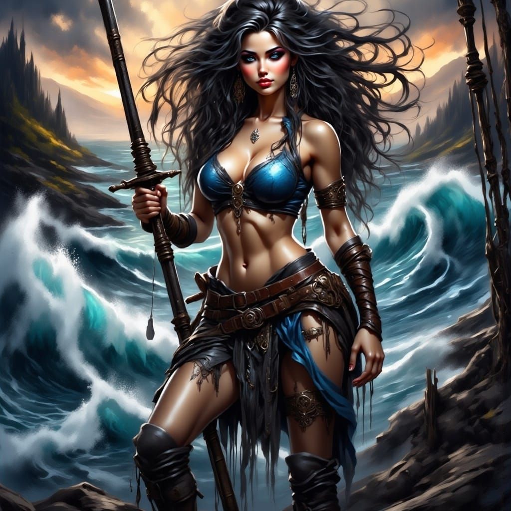 Sensual Pirate Warrior in a Fierce Battle Charge