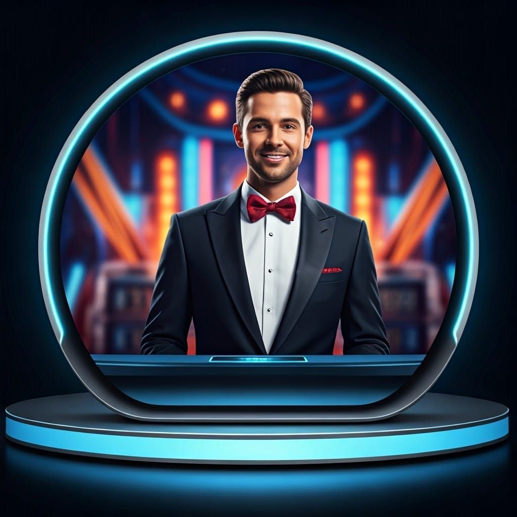 Sleek Futuristic Game Show Host on Circular OLED TV Screen