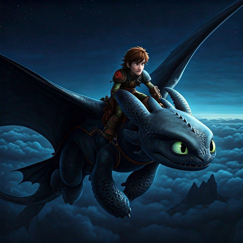 Toothless Soars through the Night Sky with Hiccup