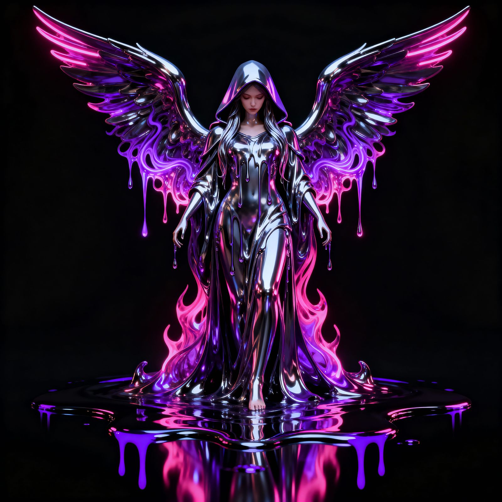 Futuristic Chrome Angel with Luminous Wings