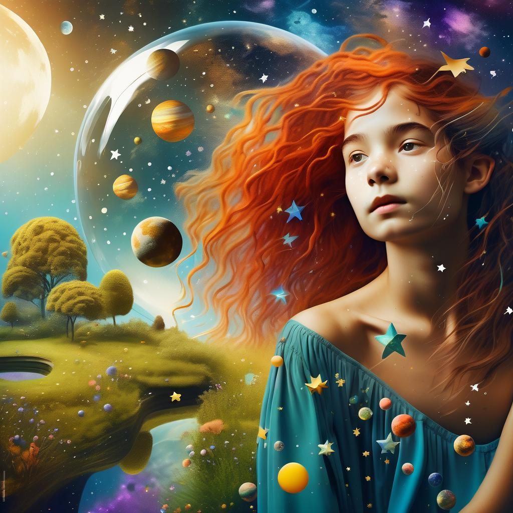 Cosmic Surrealism: Young Woman in Celestial Garden