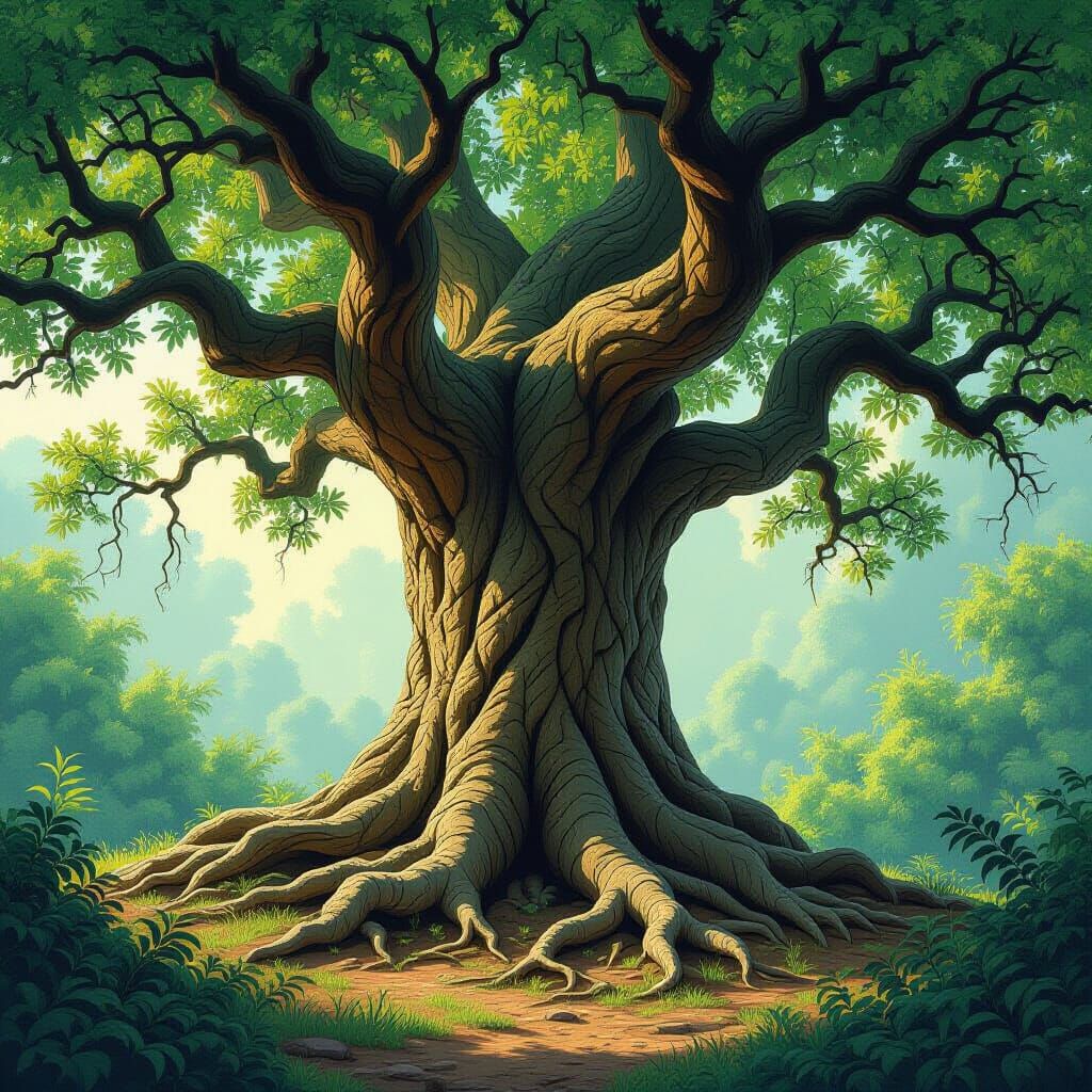Majestic Old Tree in Lush Grove, Digital Illustration