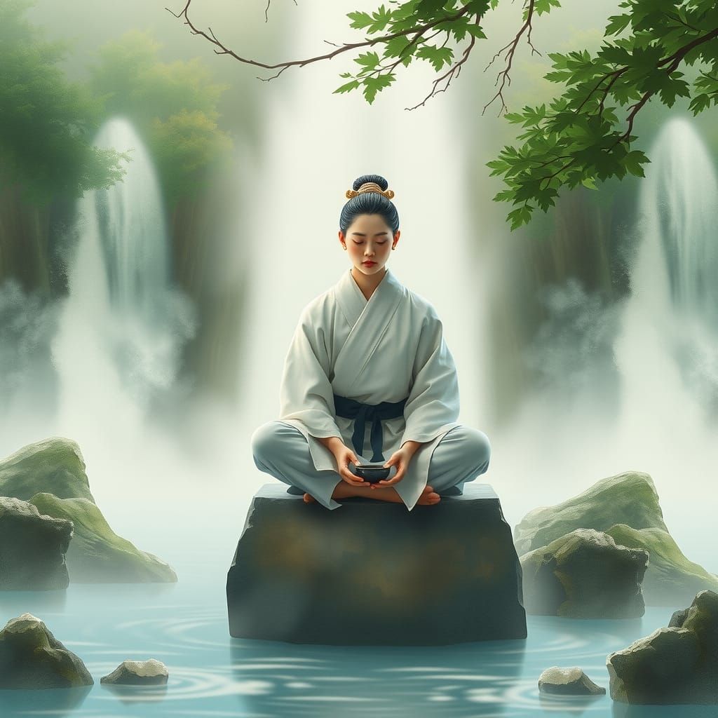 Meditative Figure by Waterfalls in Japanese Watercolor Style