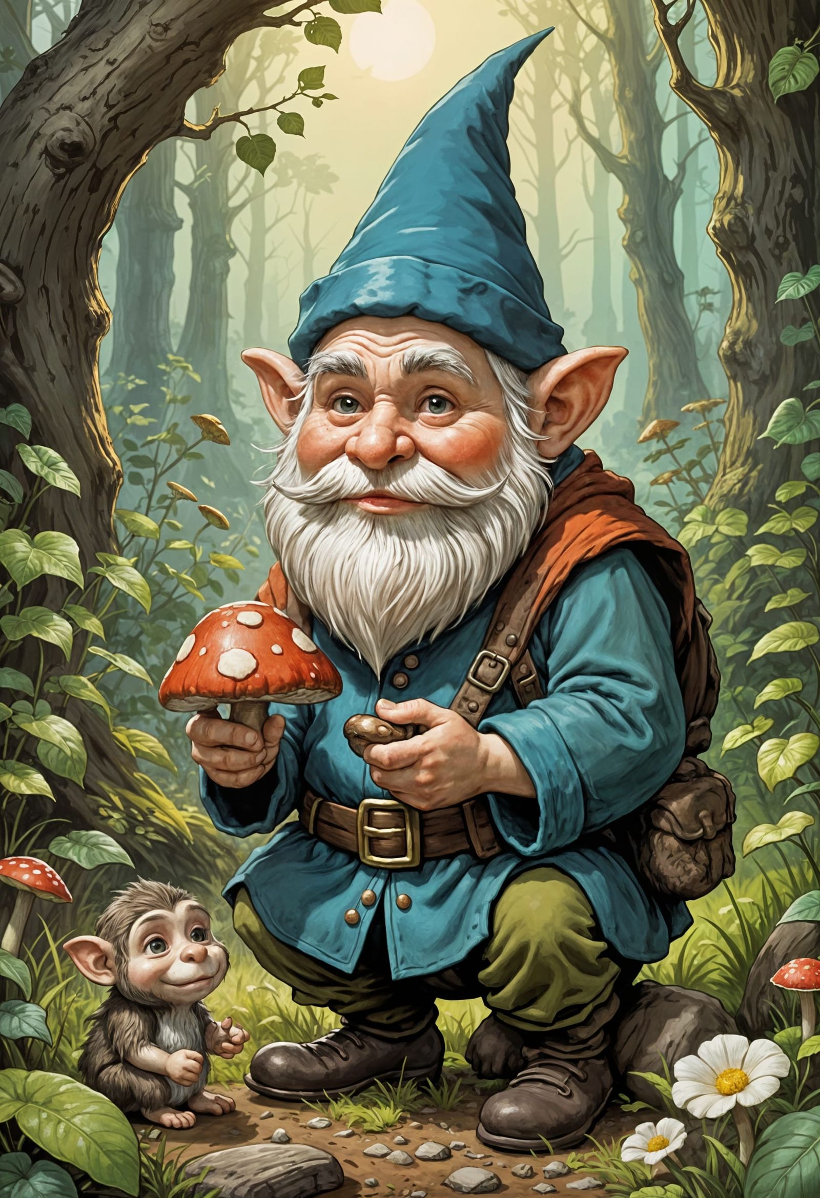 Gnome Offers Mushroom to Ape in Children's Book Style