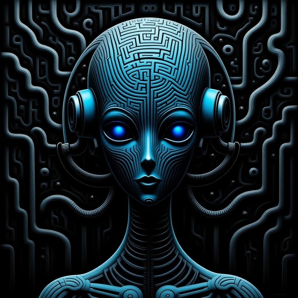 Futuristic Robot with Swirling Blue Maze