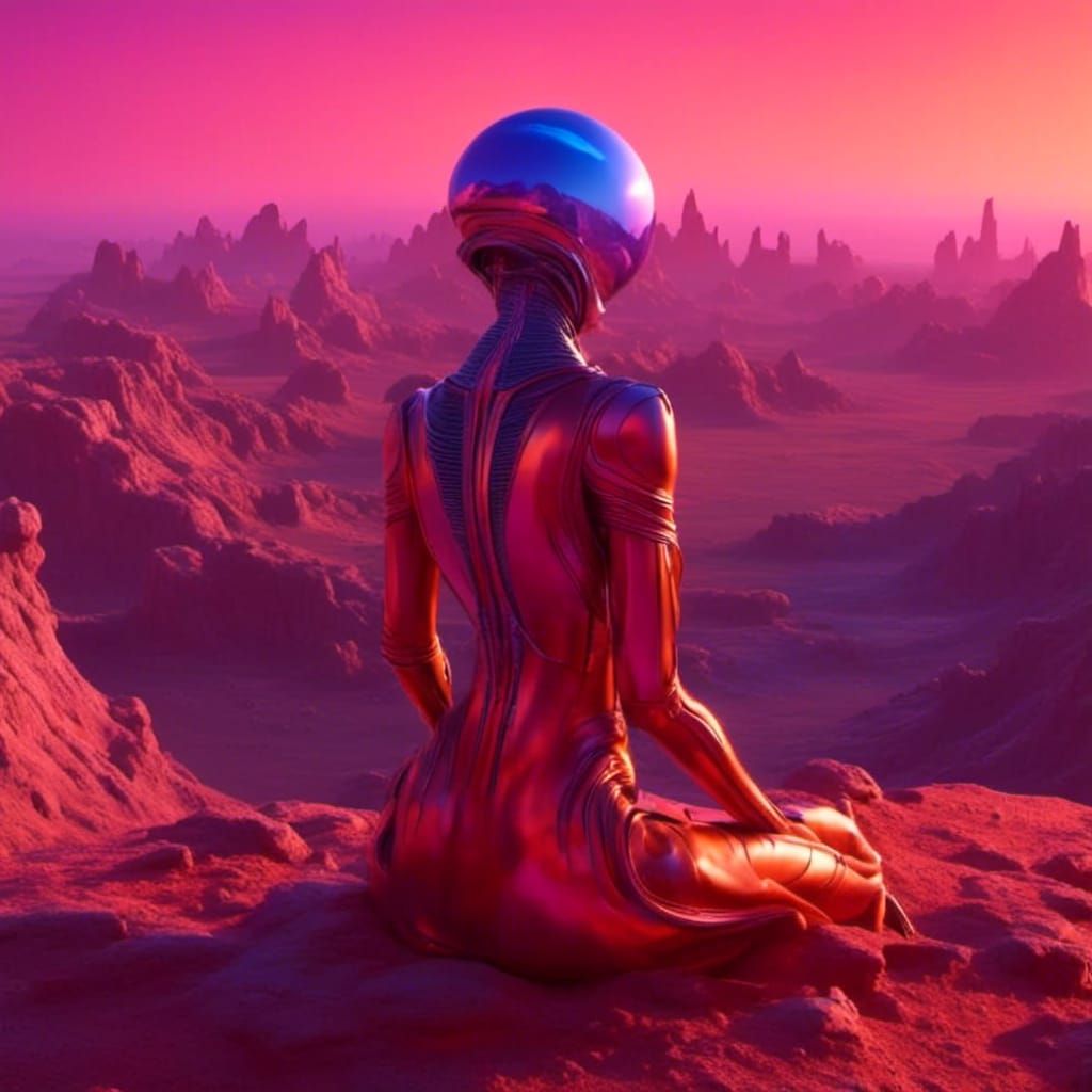 Woman Watches Alien Sunset: Sci-Fi Digital Art