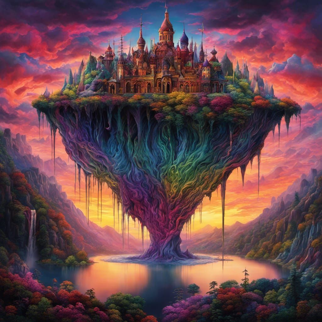 Colorful Gothic Sunset Waterfall in Tim Burton Style