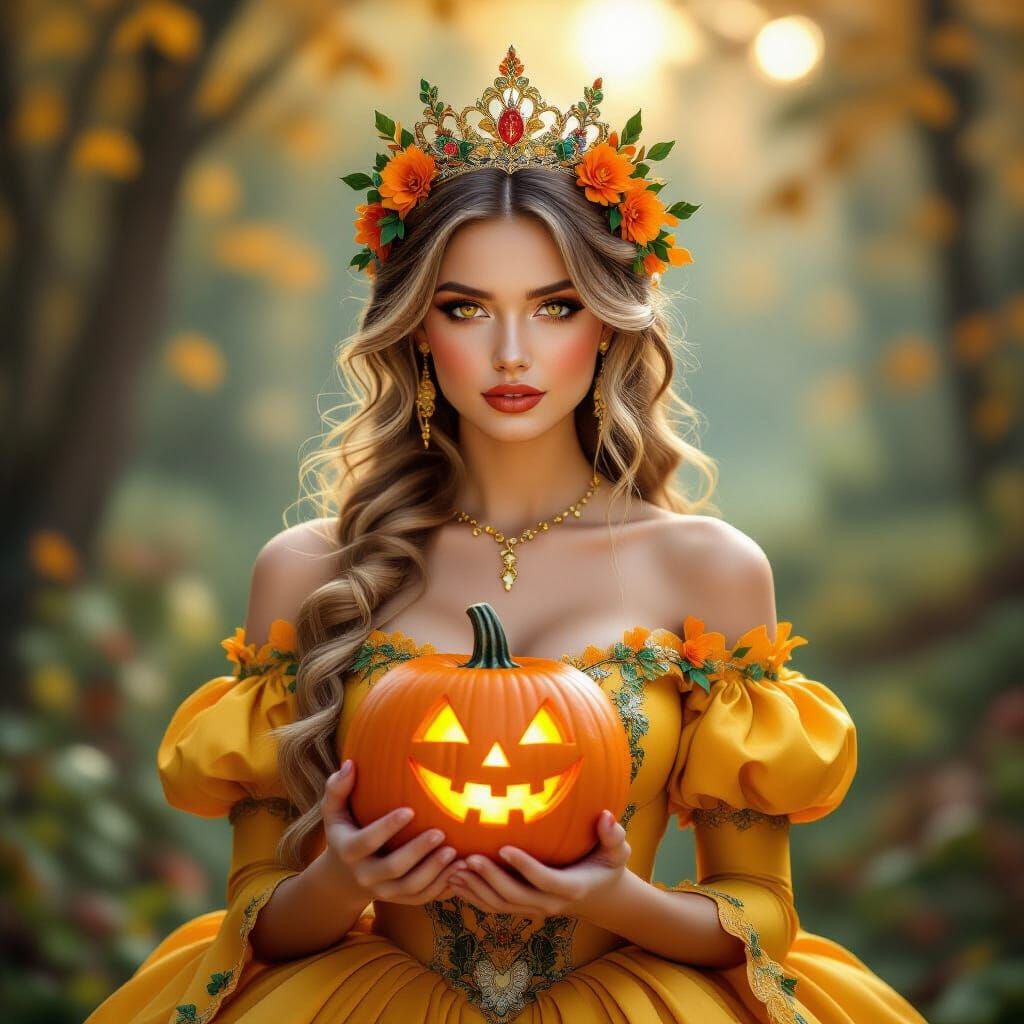 Pumpkin queen with golden hair swept high, jeweled crown of ...