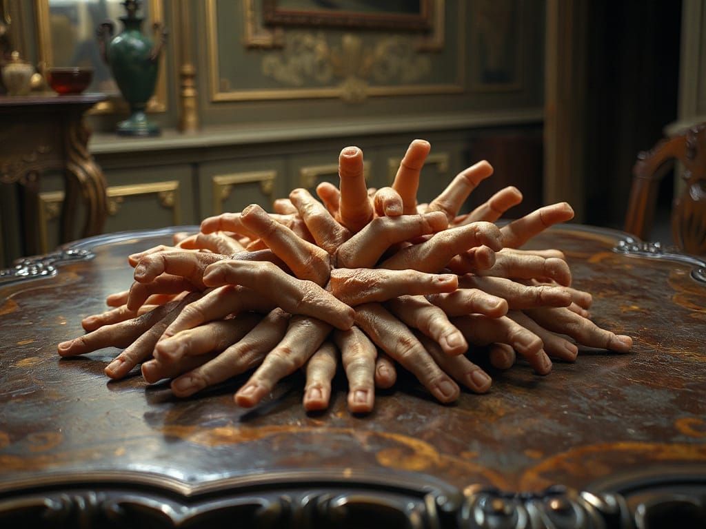 Disjointed Fingers Emerge from Antique Table as Dutch Master...