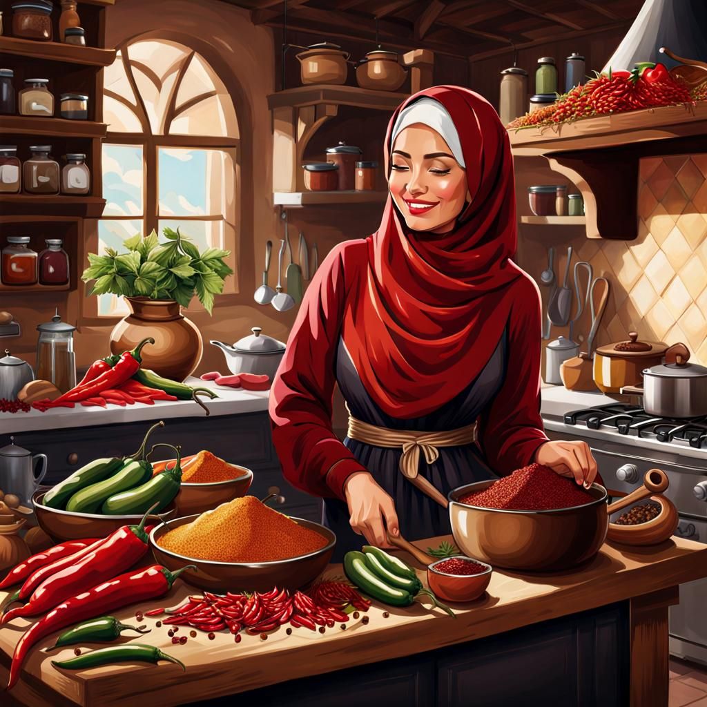 Beautiful Turkish Woman Cooking with Spices