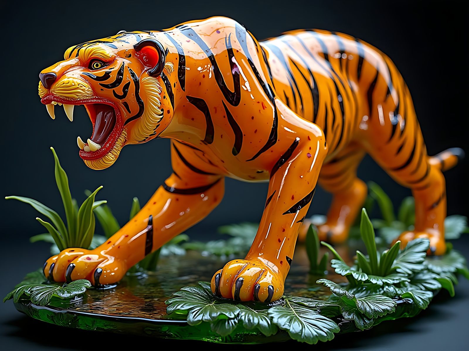 Sculpture of a Furious Tiger in a Vibrant Blown Glass Jungle...