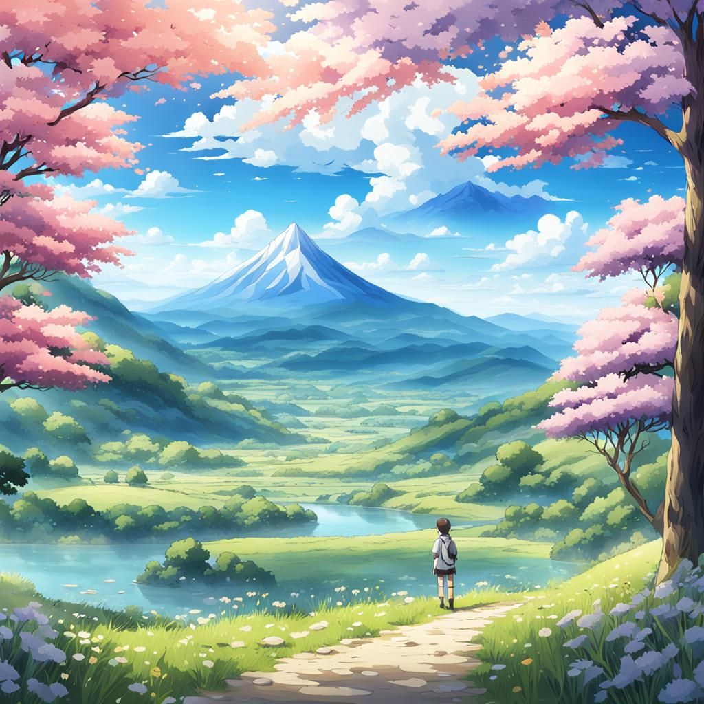 Anime Natural Landscape: Serene Vistas and Majestic Mountain...