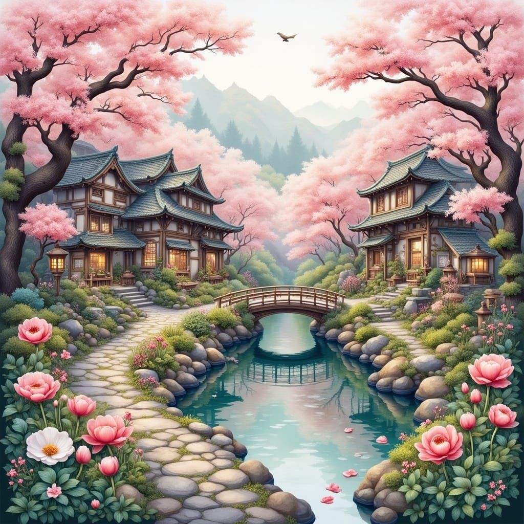 <lora:Vintage Steam:1.0>A serene and enigmatic Japanese Garden, Pound with Bridge, lampions, Japanese buildings, lots of...