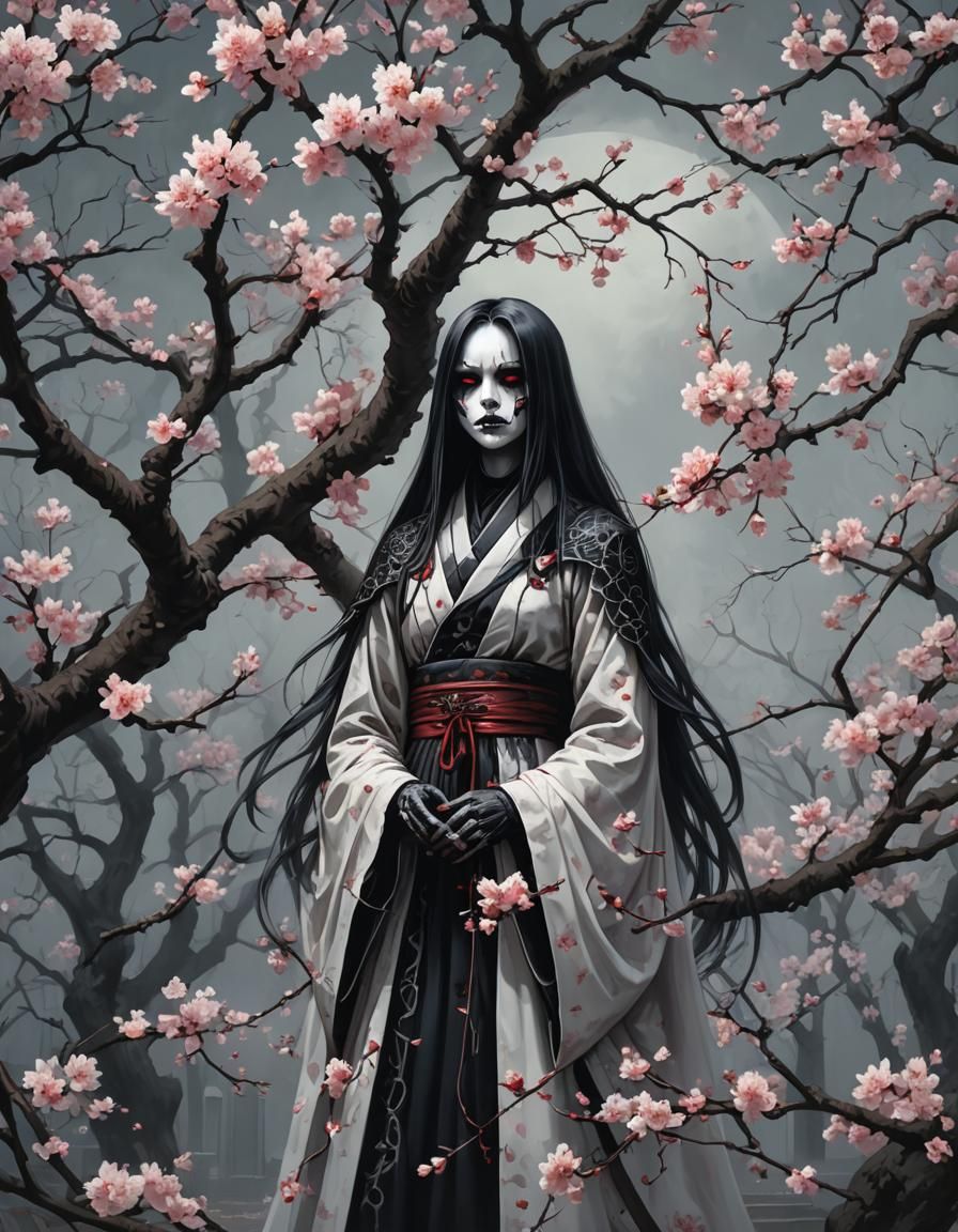 Sinister Gothic Ghost in Cherry Blossoms