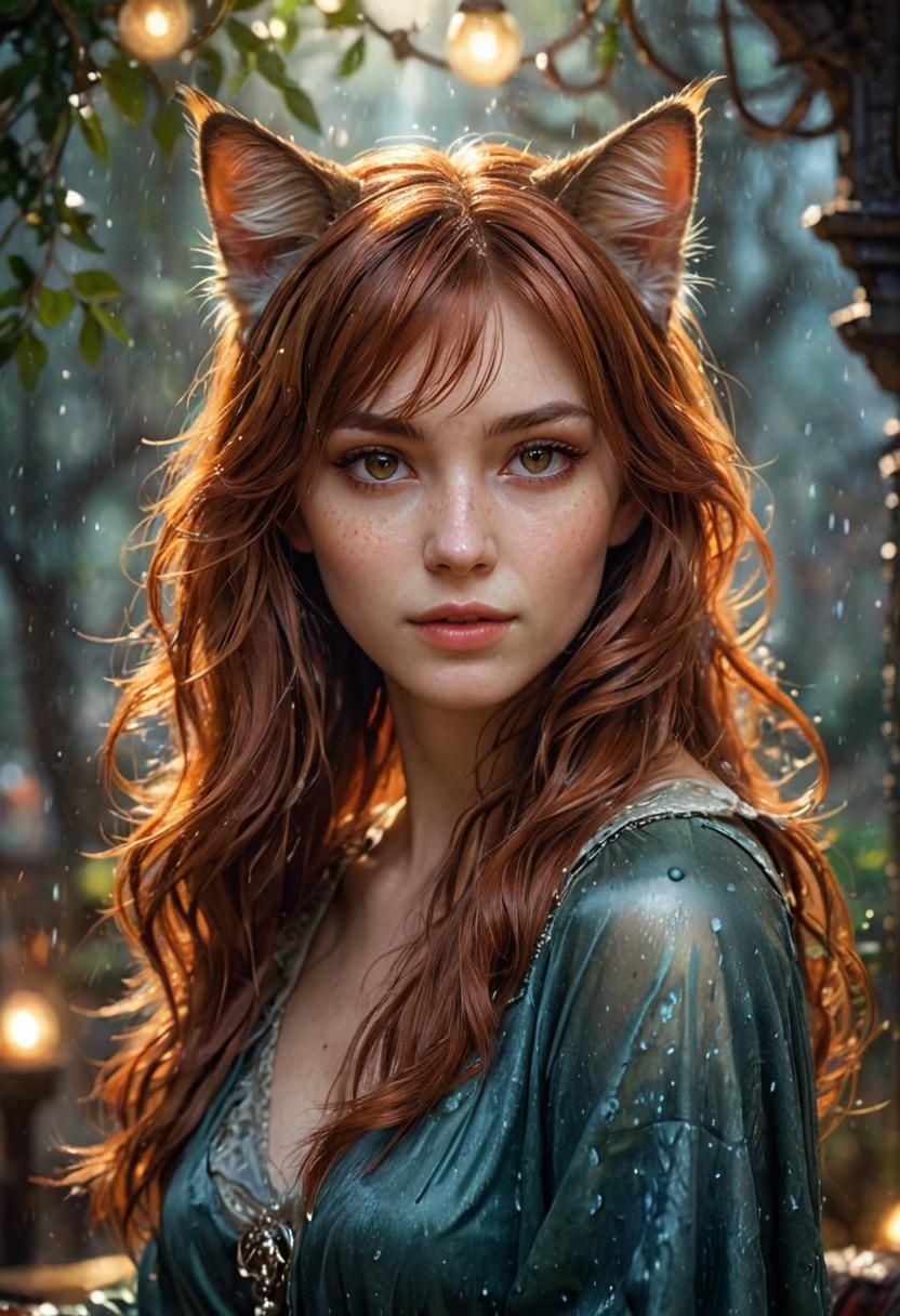 Enchanting Cat-Eared Woman in Photorealistic Style