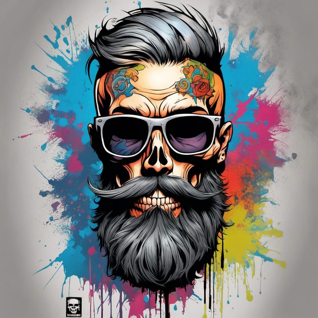 Hipster-style bearded tattooed skull, Mark Brooks and Jim Lee, comic book art, perfect, smooth graffiti art, street art,...
