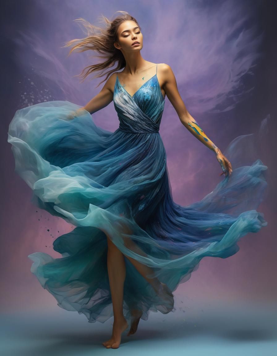 Young Woman in Tulle Dress: Hyperrealistic Splash Art