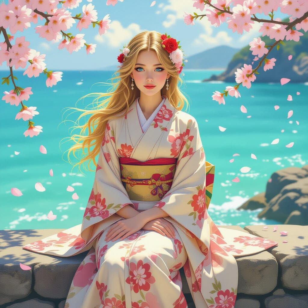 Woman in Kimono with Blossoms, Art Nouveau Style