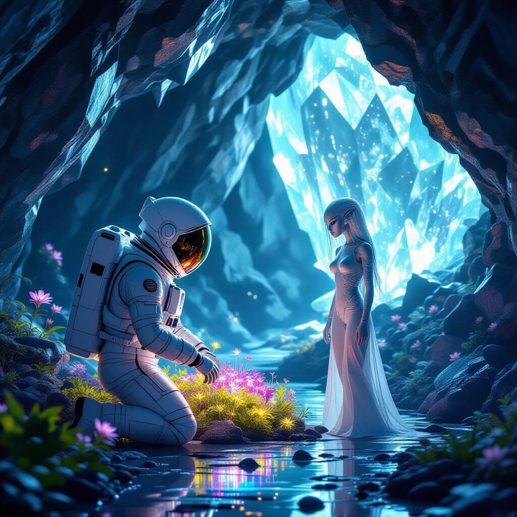 Astronaut Meets Alien in Crystal Cavern Garden