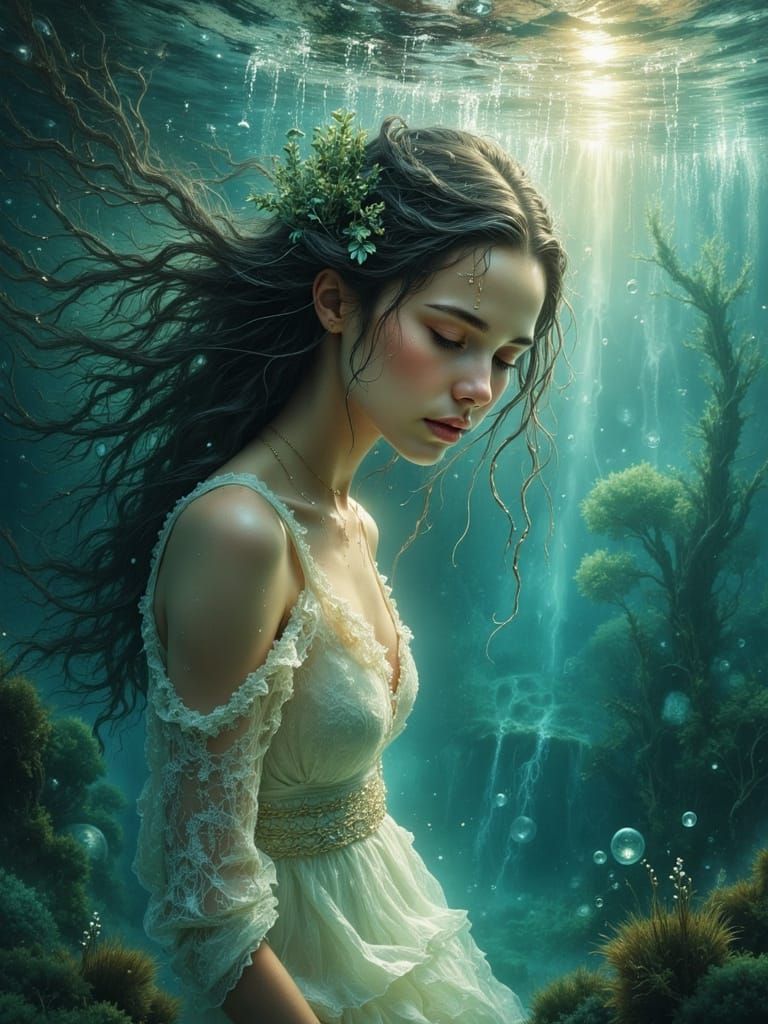 Young Woman Sinking Underwater in Jade Lace Dress