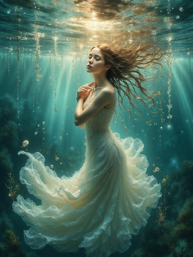 Woman Sinking Underwater in Jade Lace Dress