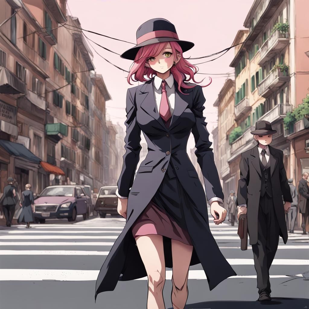 Pink-Haired Mafia Boss in Anime Style