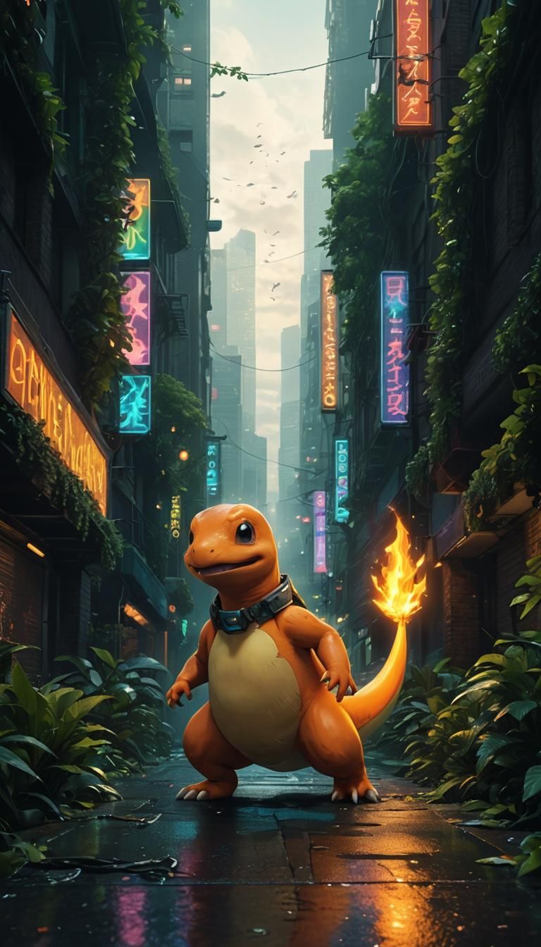 Charmander dinosaur with flaming tail wearing gold necklace, walking in the leafy cyberpunk city streets full of plants,...