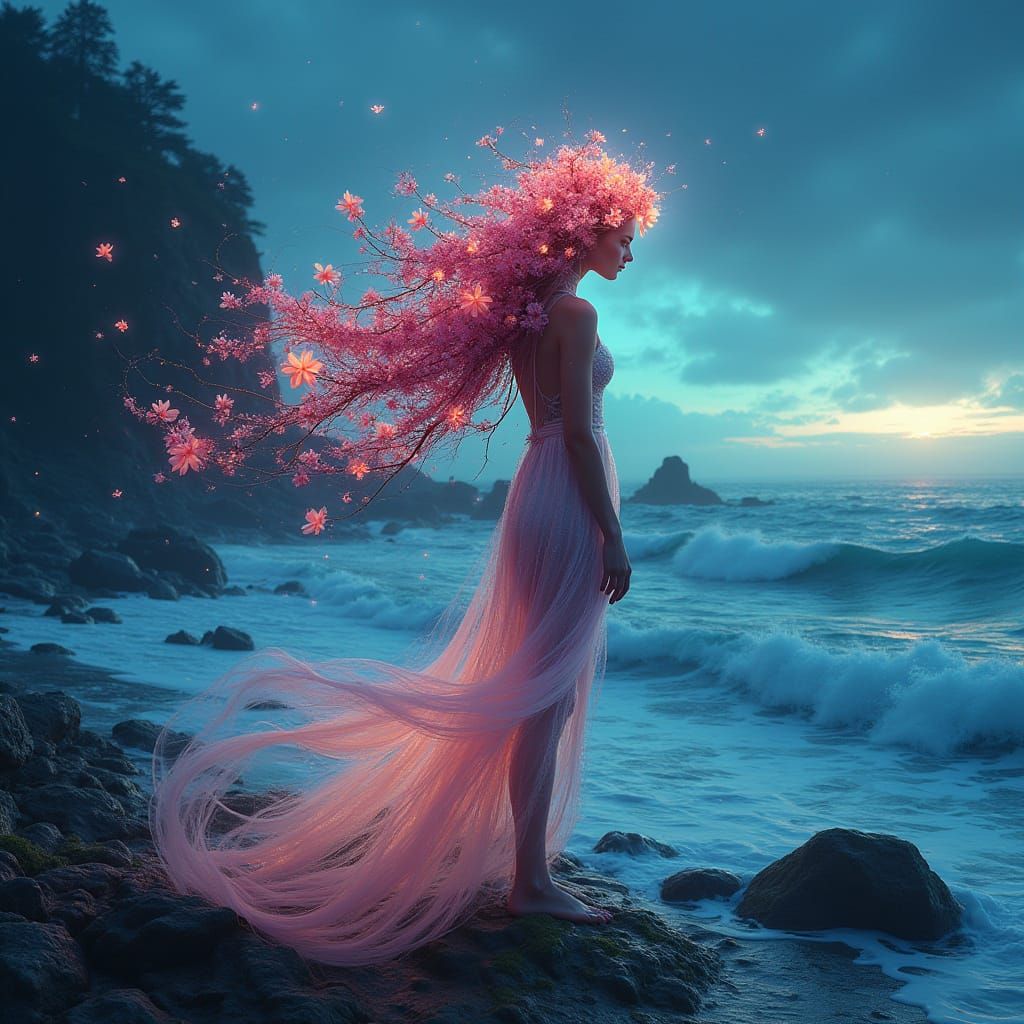 Mystical Ink Woman with Glowing Flower Hair