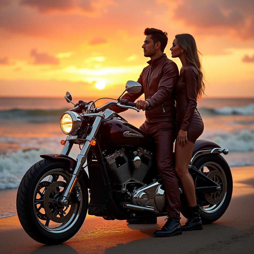 Luxury Sports Bike & Couple at Sunset Beach
