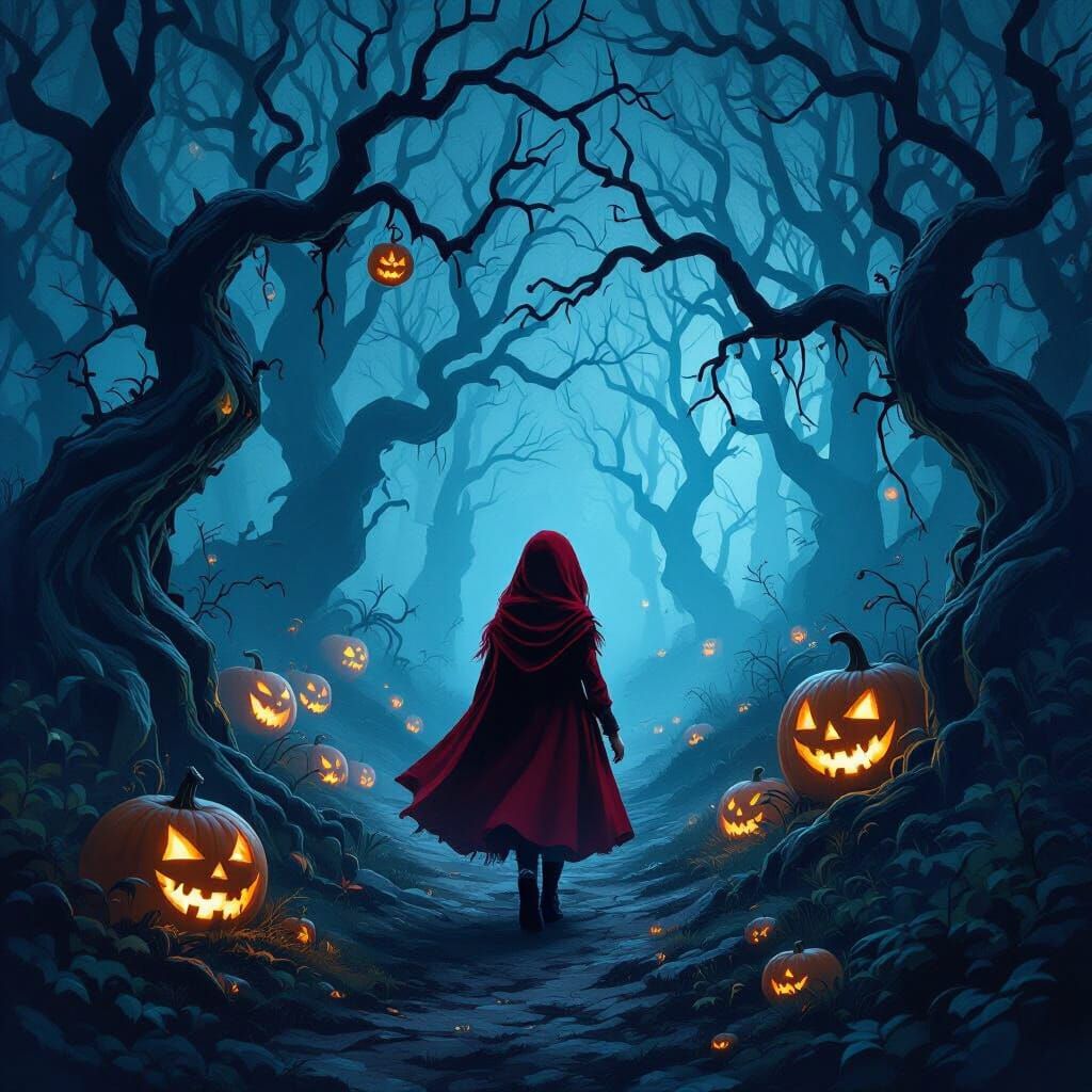 Little Red Riding Hood in Eerie Pumpkin Forest