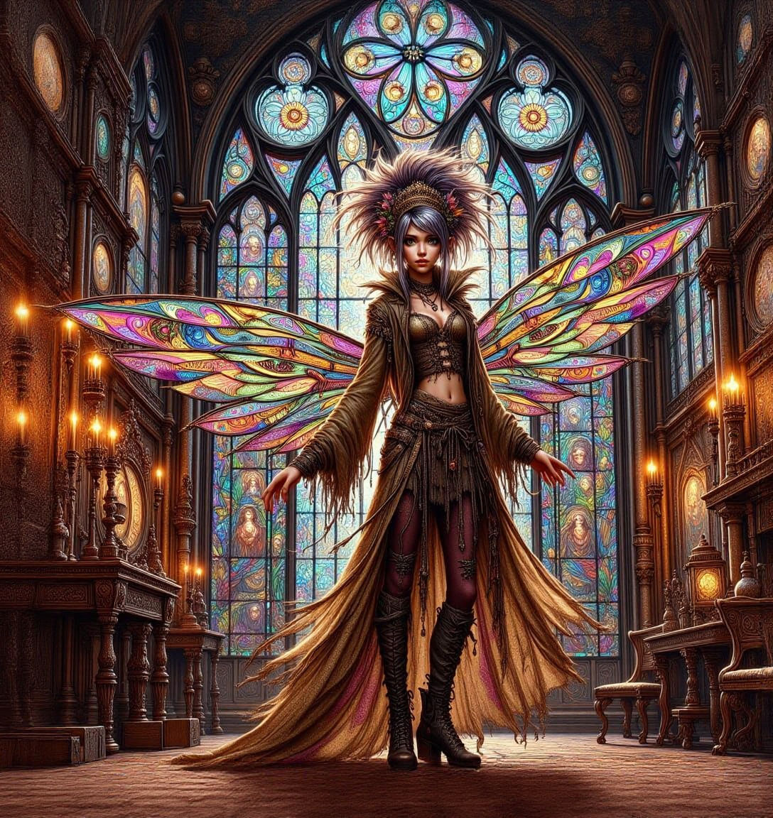 Stained Glass Clock Tower Hideout in Dark Fantasy Style