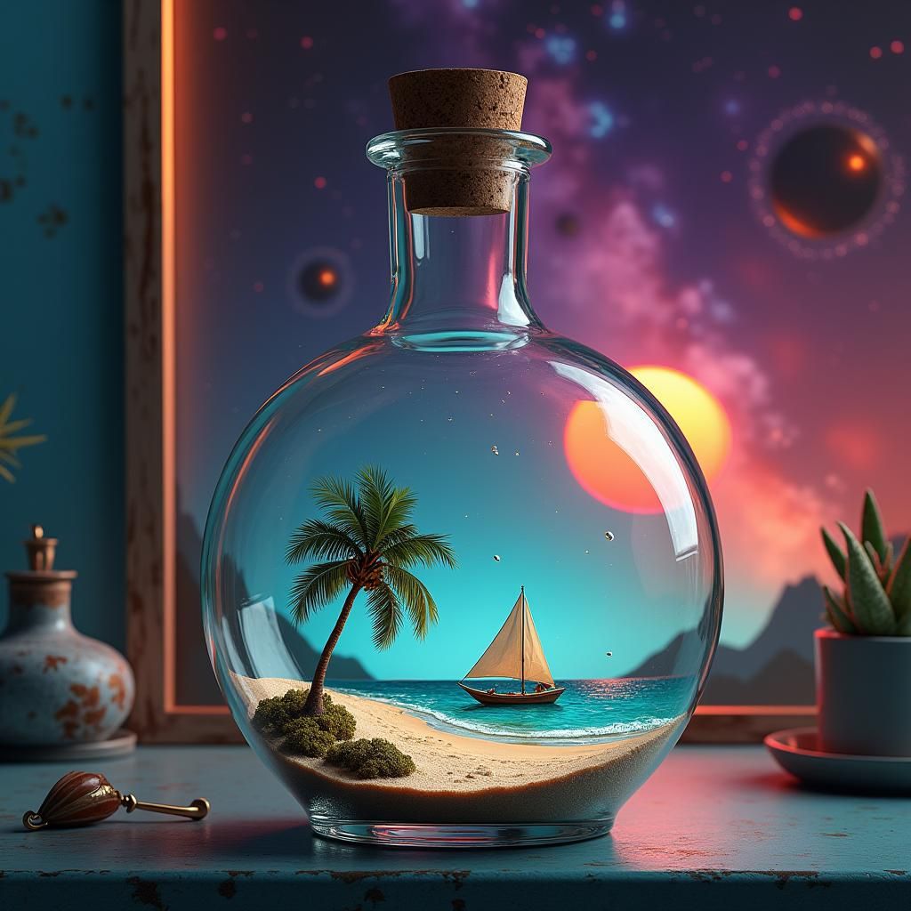 Glass Bottle Beach Scene in Sci-Fi Setting