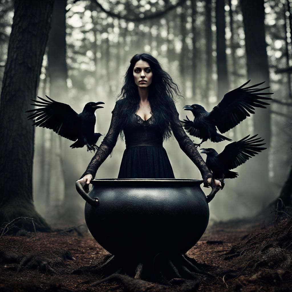 Raven-Haired Temptress Stirring Spirits in Dark Forest