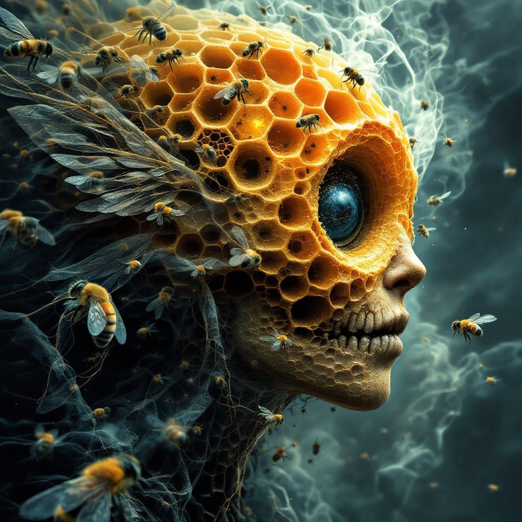 Surreal Queen Bee in Abandoned Honeycomb Hive