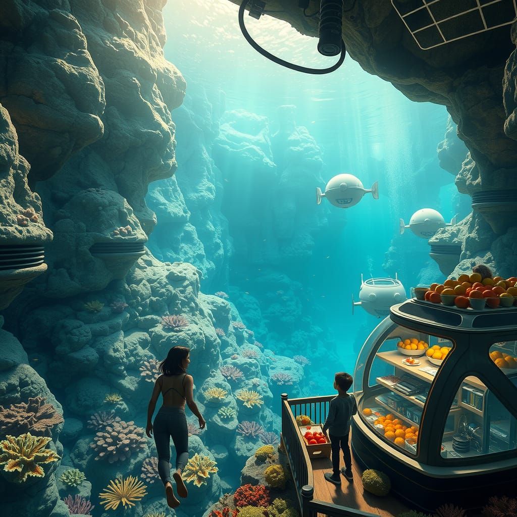 Bustling Underwater City Amidst Glowing Coral Reef