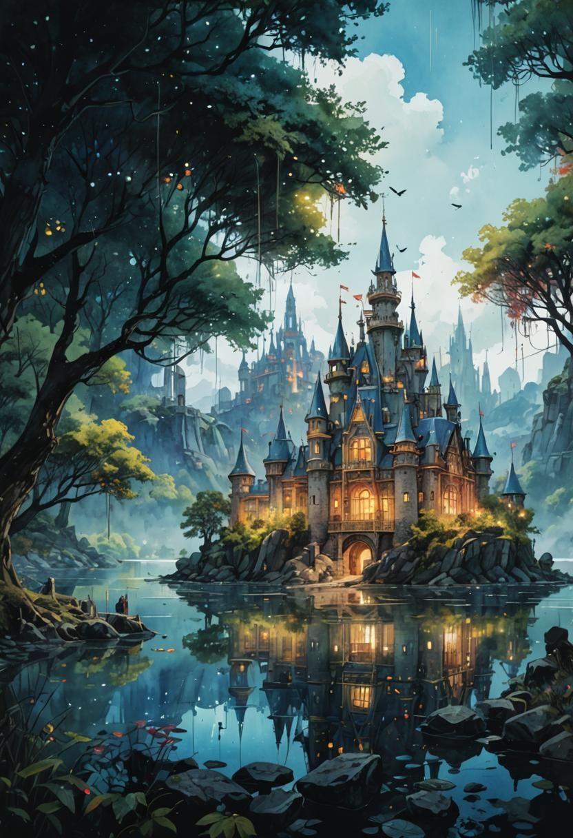 Glass Castle Watercolor on Gorgeous Lake