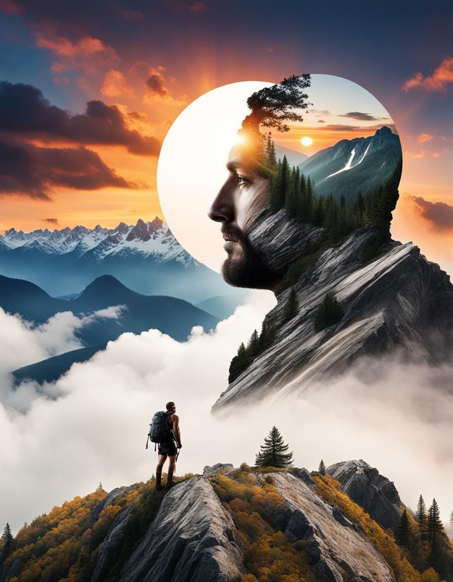 Spectacular Mountaineer Merged with Mountain Illustration