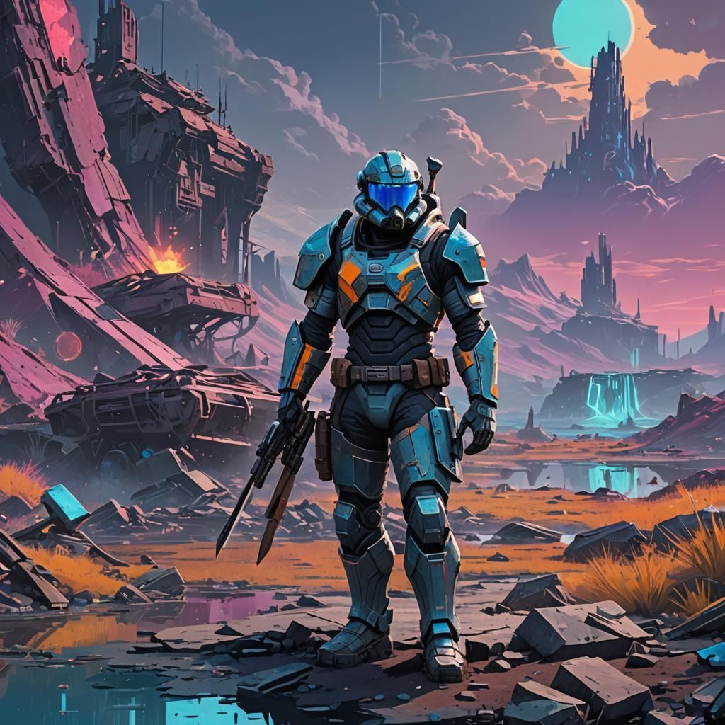 Triumphant Armored Warrior in Post-Apocalyptic Landscape