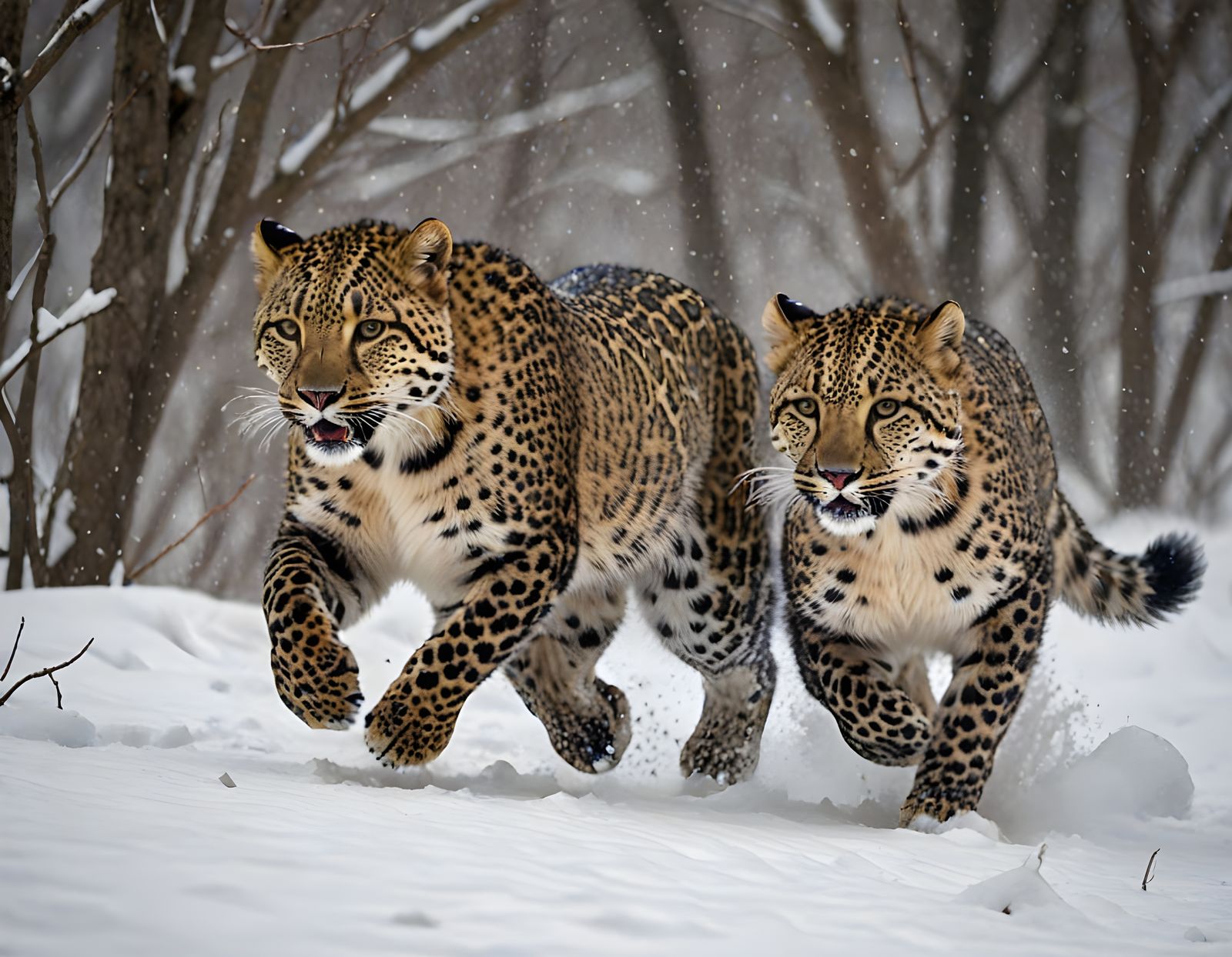 Two Siberian Leopards Roam Snowy Riverbank