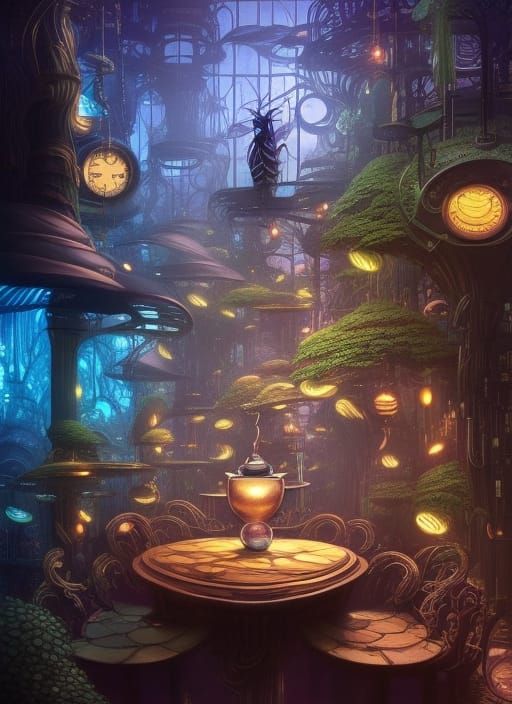 Clockpunk Bonsai Coffee Shop with Intricate Sky