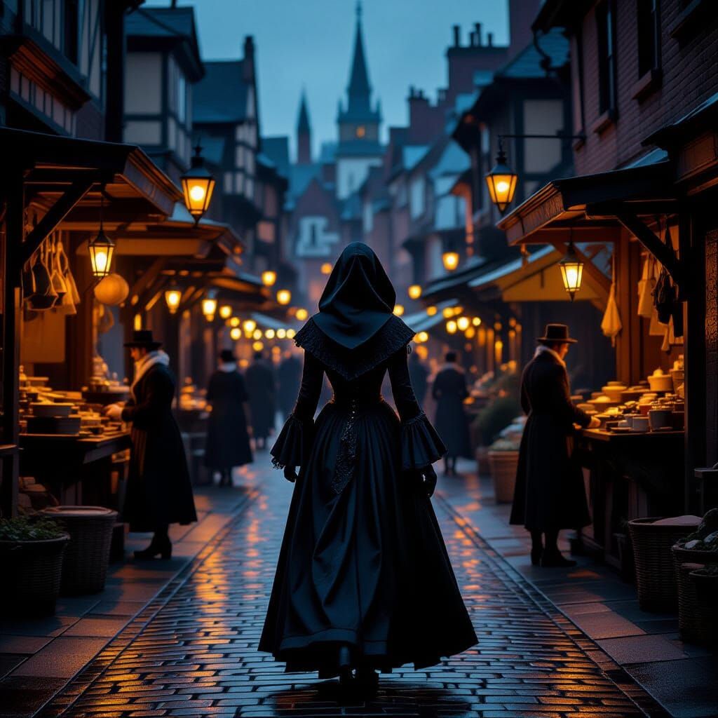 Victorian Woman in Bustling London Marketplace at Dusk