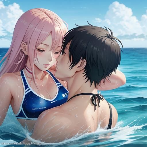 Anime Girl and Boy Kissing in Ocean
