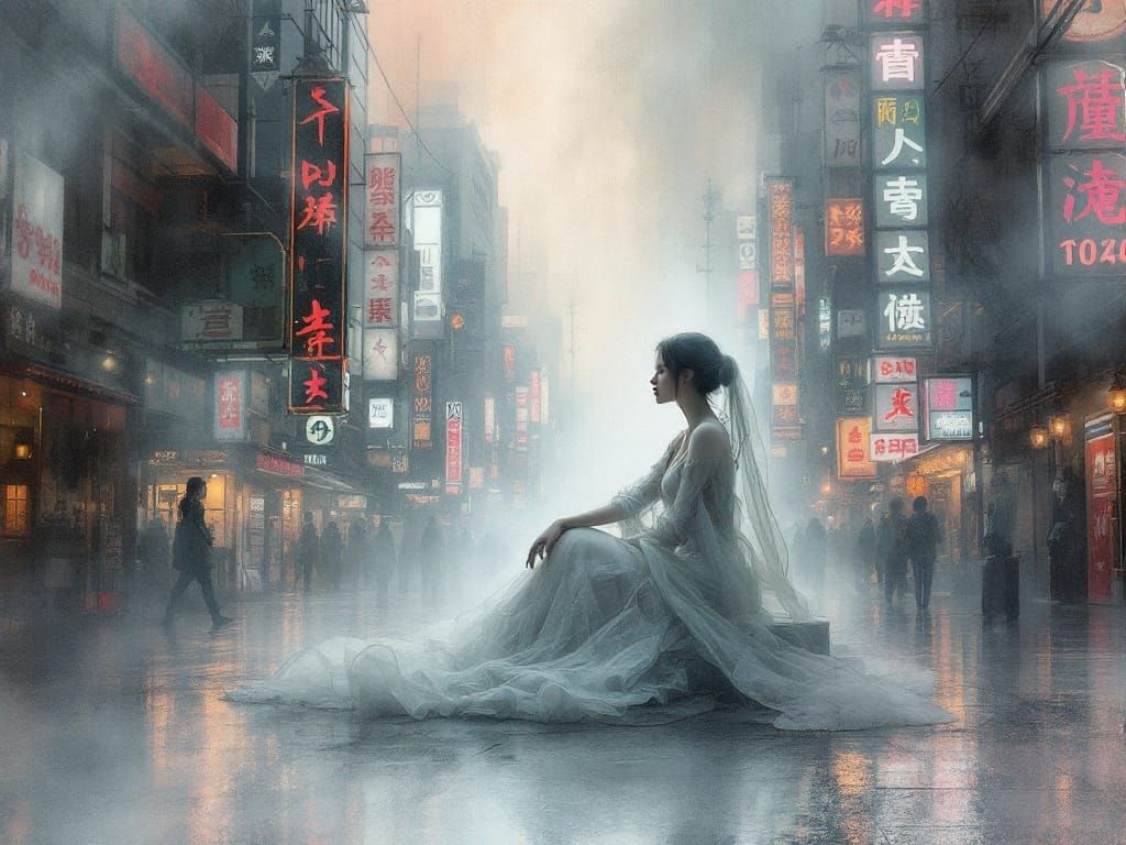 Ethereal Woman Emerges from Tokyo Fog in Sfumato Style