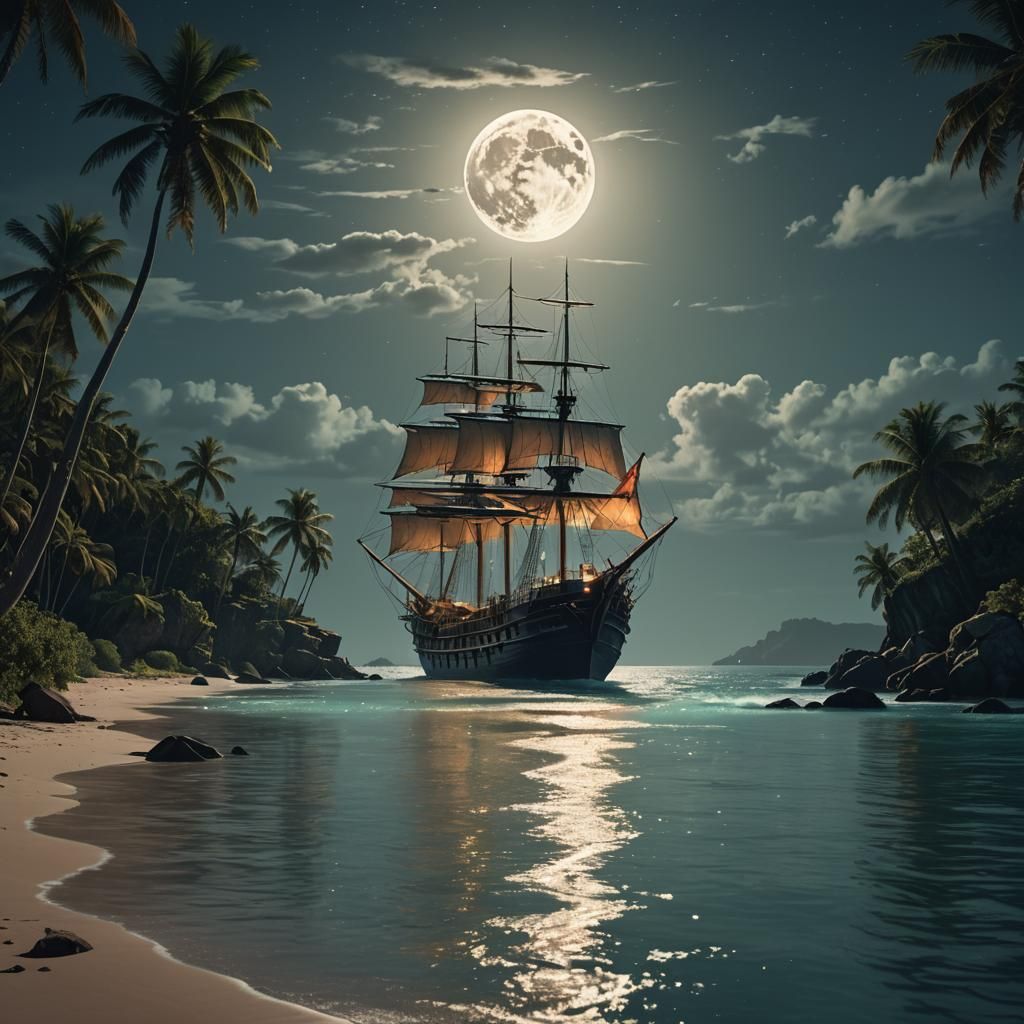 Magical Cove: Ship Sails Under Moonlight