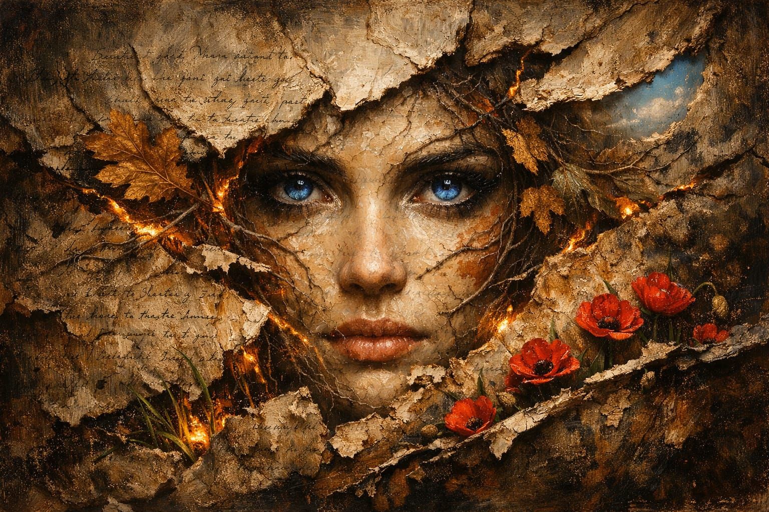 Female Face Emerges From Cracked Paper in Oil Painting Style