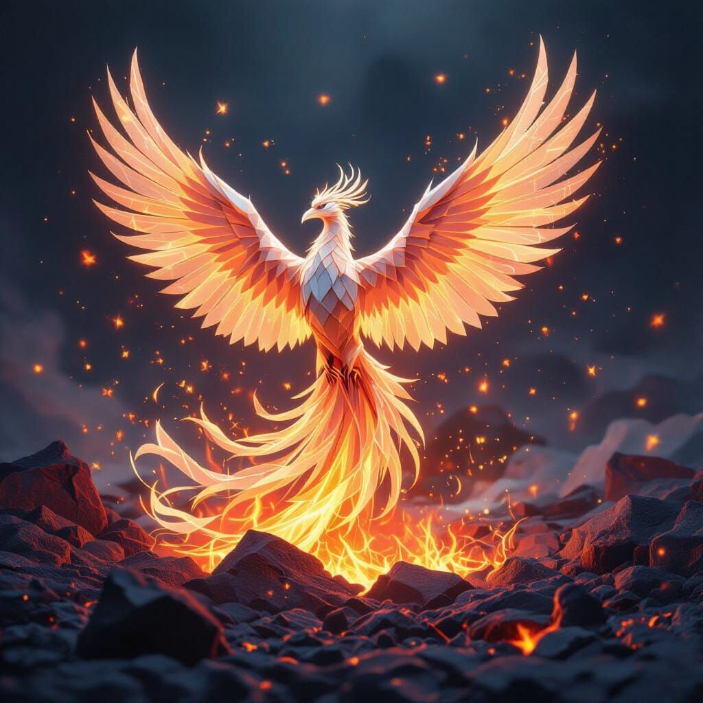 Mythological Phoenix Rises from Volcanic Ash in Airbrush Sty...