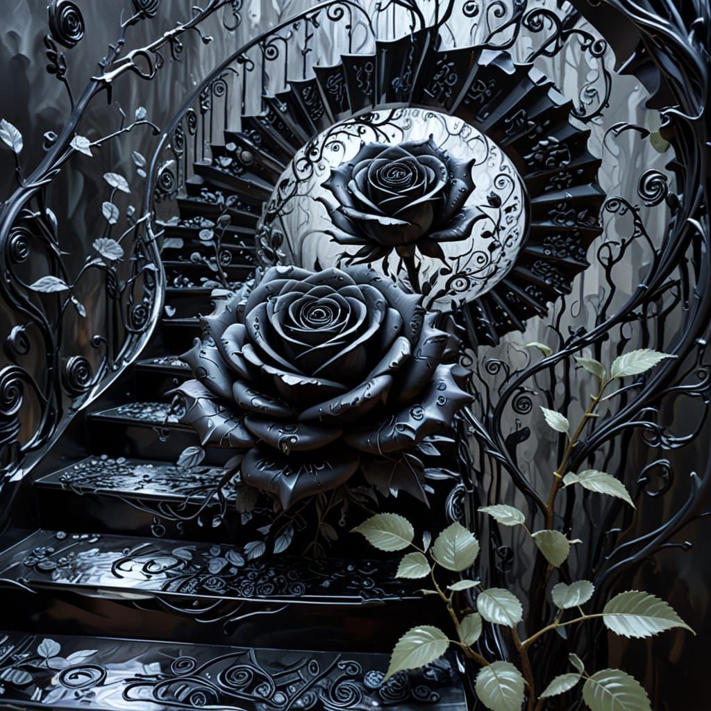 Surreal Impasto Vortex Stairway Amidst Blooming Black Roses