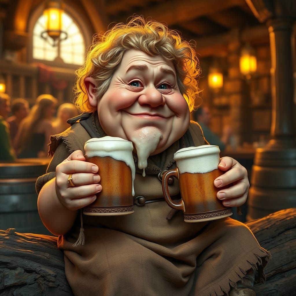 Jovial Dwarf Woman Savoring Ale in a Bustling Tavern