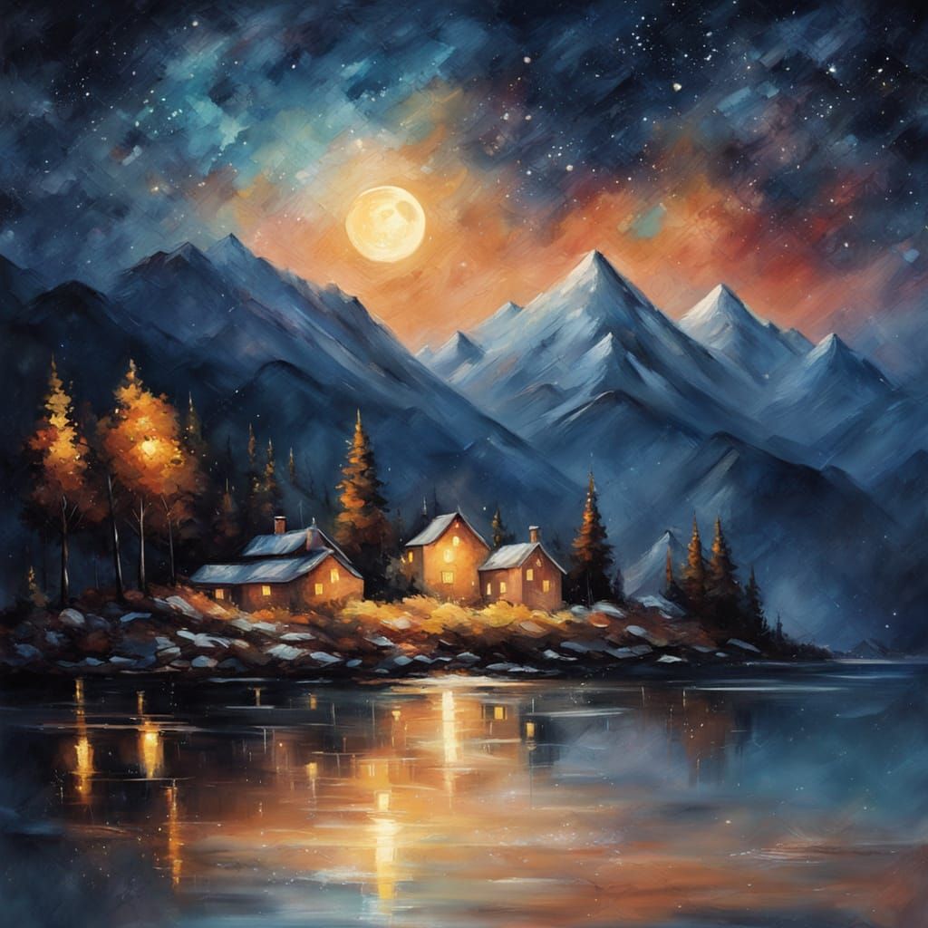 Romantic Masterpiece: Serene Village Under Starry Night Sky