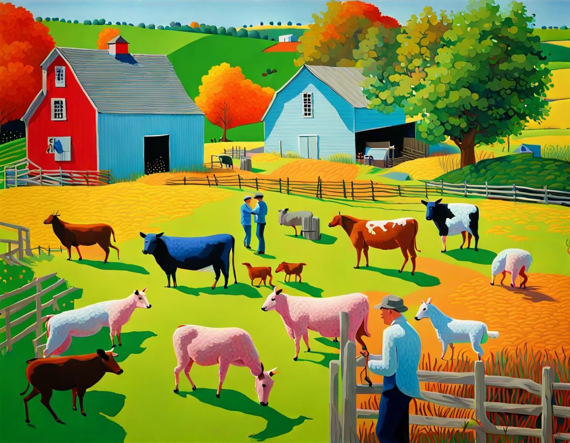 Bucolic farm life scene David Hockney